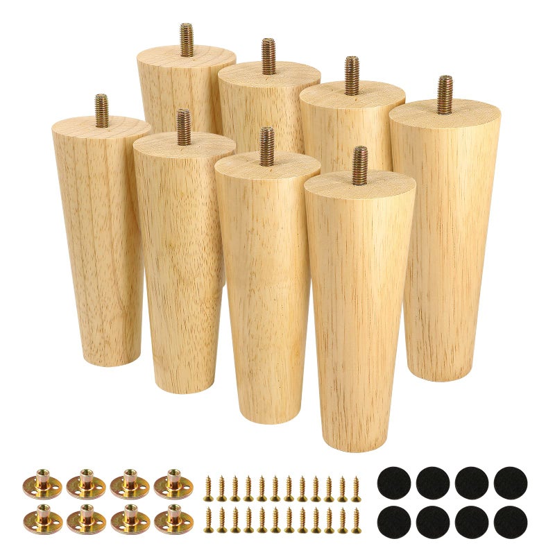 FoDau770 Rubber Wood Furniture Legs 6 Inches, Straight Tapered Wood Legs Mid Century Sofa Legs Set of 8, 5/16"" UNC Furniture Feet Replacement Legs for Cabinet Sofa Couch Dresser Chair Ottoman Table - Image 1
